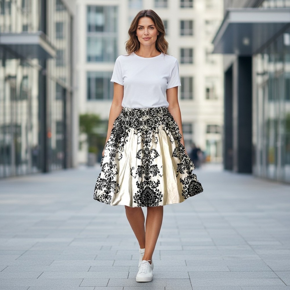 Zero Zero Black White Damask Floral Cotton Pleated Skirt Size M Side Zip Lined